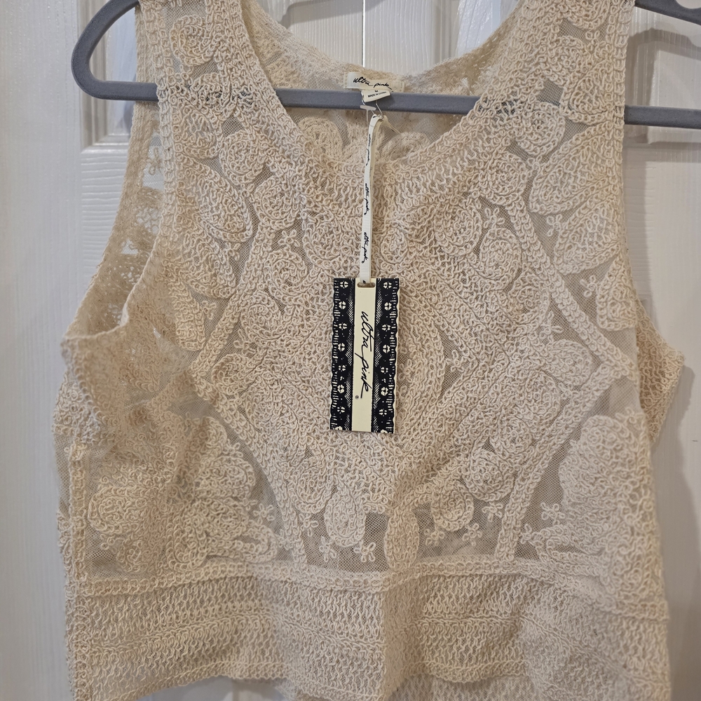 Ultra Pink, Cream Crochet Knit Tank Top in Cream - Picture 4 of 5